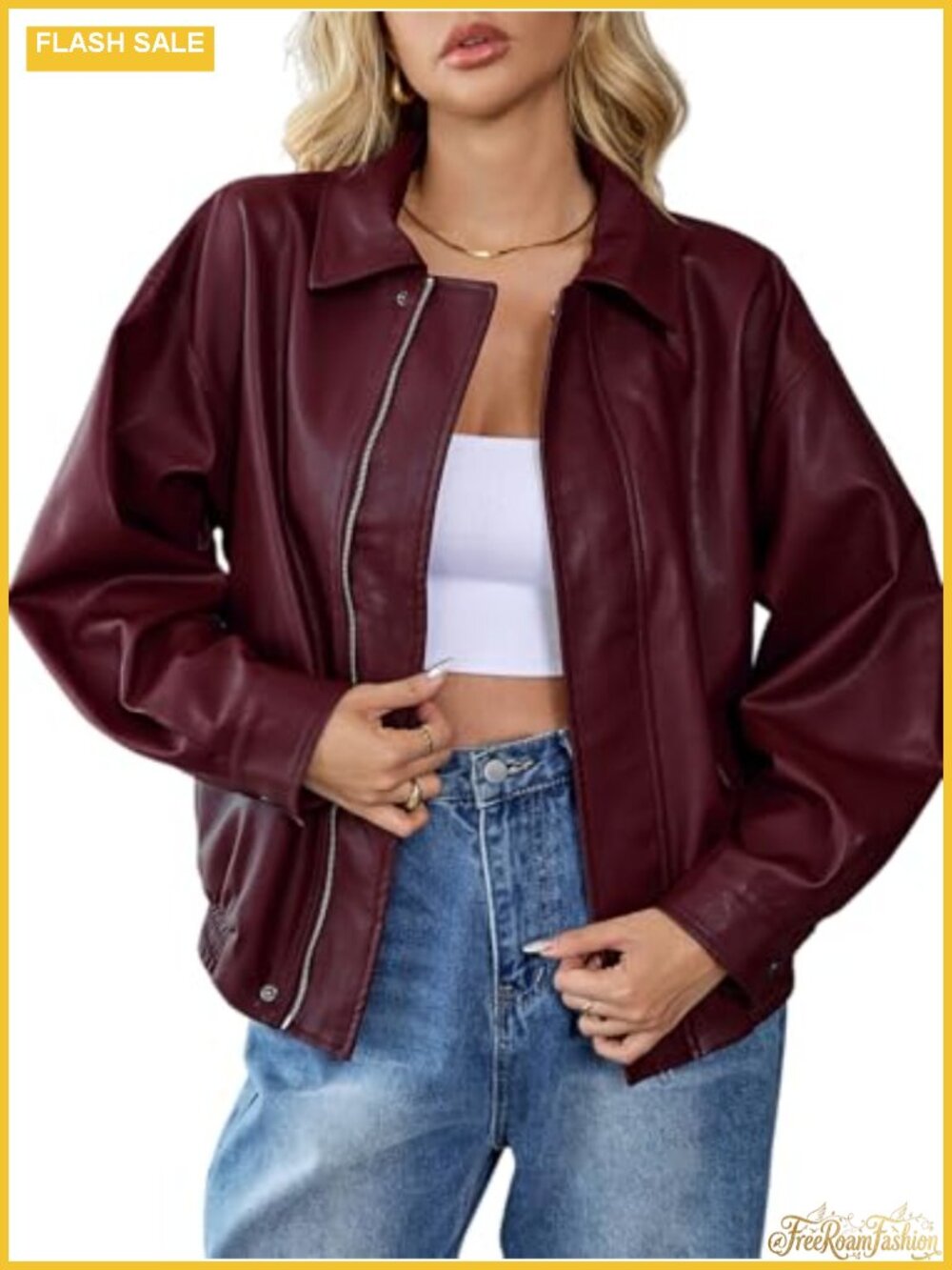 Faux Leather Jacket Oversized Bomber Moto Zip Up Fall Winter Coat